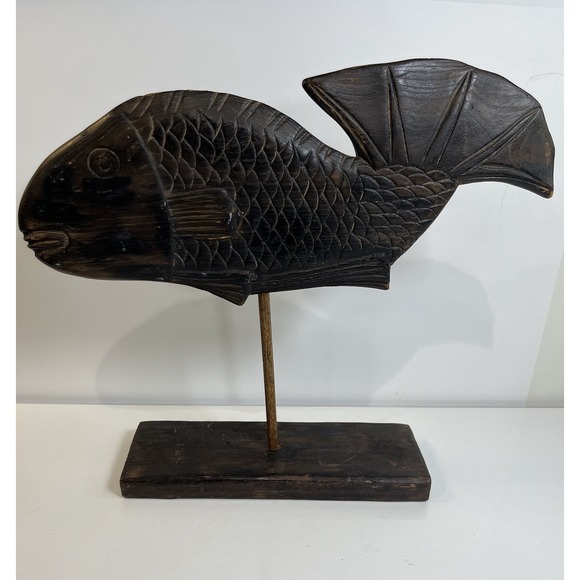 Vintage Hand Carved‎ Wooden Fish Weathervane Stand 16" Long Decor Collector - Picture 1 of 9